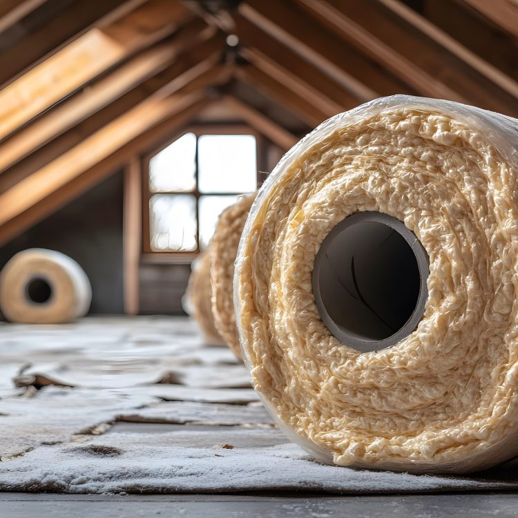 Insulation rolls sit in a wooden attic space, ready for installation. the scene emphasizes sustainable energy solutions and home improvement, showcasing the importance of insulation for temperature regulation and energy conservation.